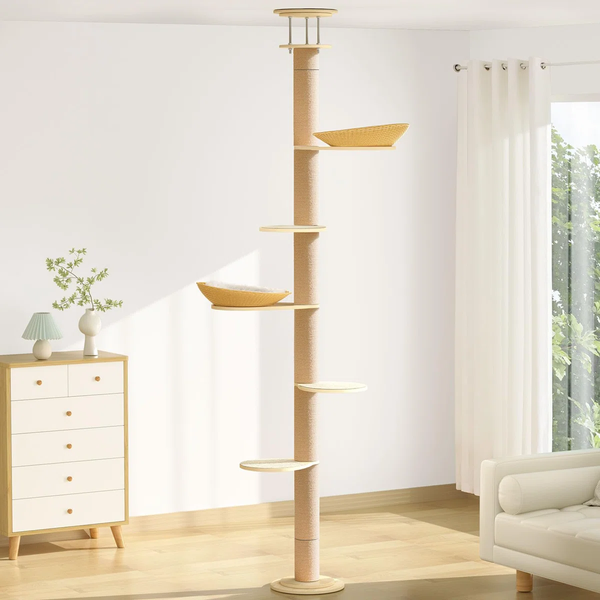 Floor to Ceiling Cat Tree for Large Cats, 55 lbs Heavy Duty Solid Wood Cat Tower with Sisal Scratching Posts, Space Saving Tall Climbing Tree for Indoor Cats, 3 Adjustable Height Options