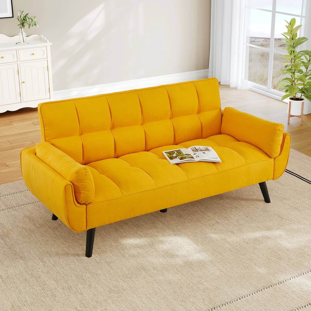 Futon Sofa Convertible Modern Linen Futon Couch, Comfy Sleeper Sofa