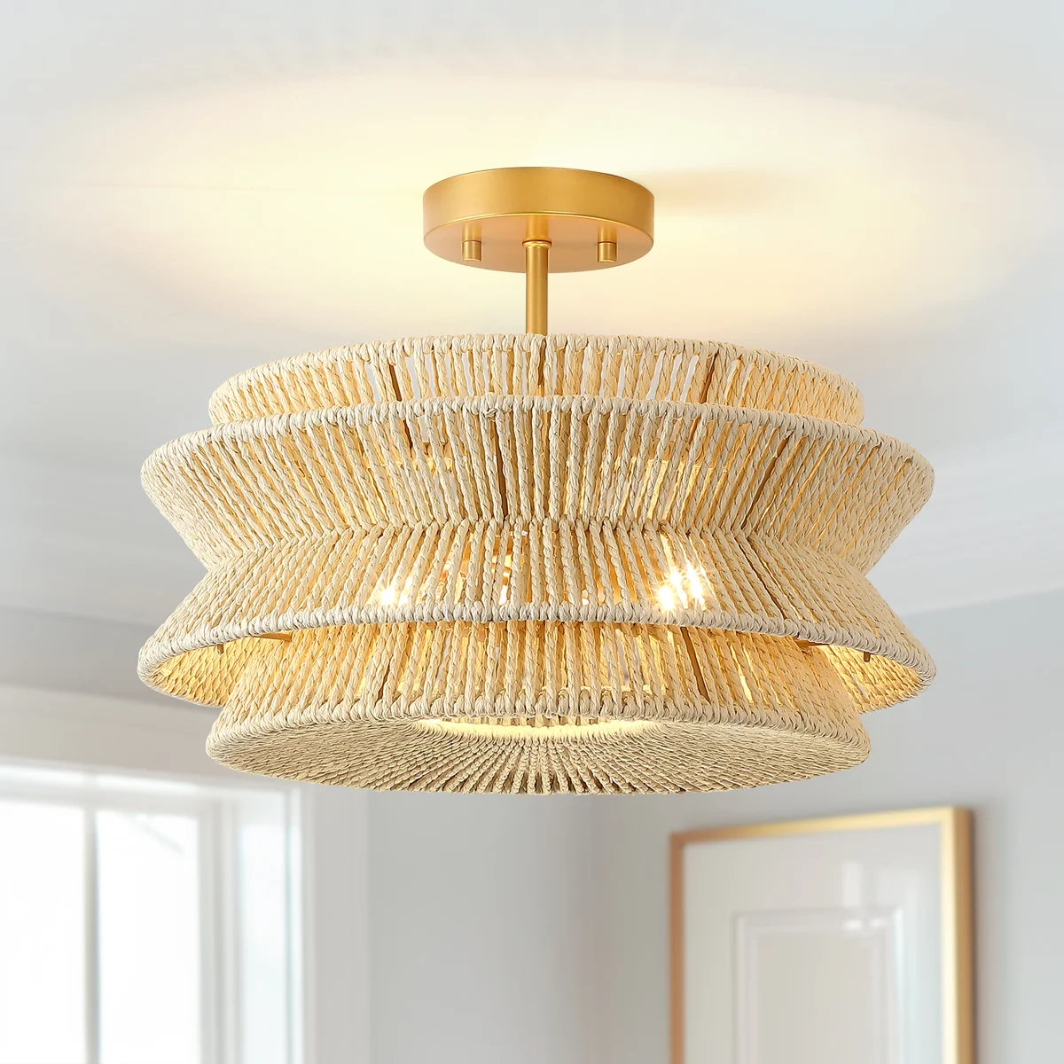 Clouden 16in 2-light Bohemian Woven Rope Semi-flush Mount Ceiling Light