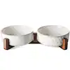 Hamiva 7.3inch Ceramic Raised Dog Bowl Set with Acacia Wood Stand