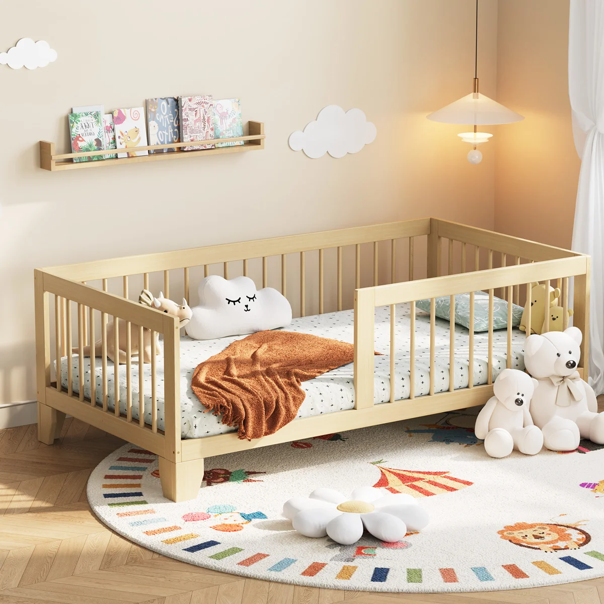 Solid Wood Toddler Bed, Twin Kids Floor Bed, Montessori Floor Bed With Guardrail
