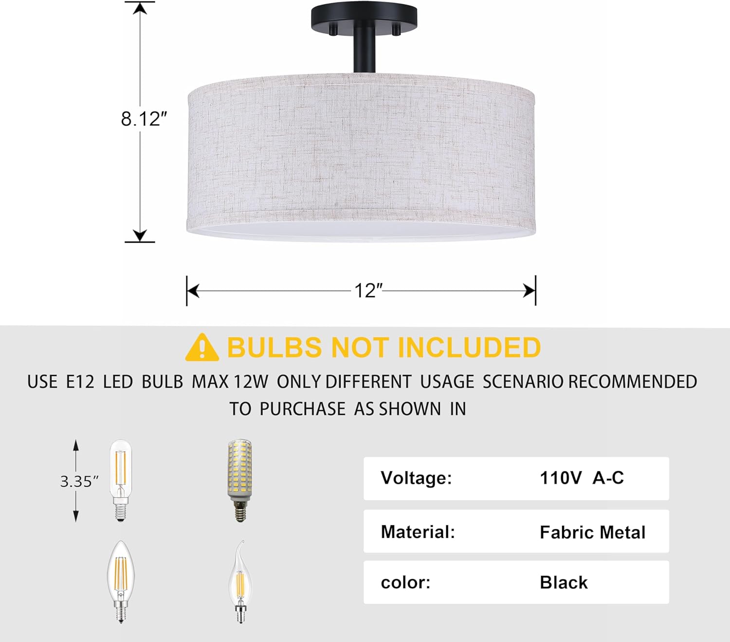 12 Inch Drum Black 3 Light Semi Flush Mount Close to Ceiling Light Fixture,Linen Fabric Shade for Bedroom,Living Room,Dining Room Hallway 12 Inch Black