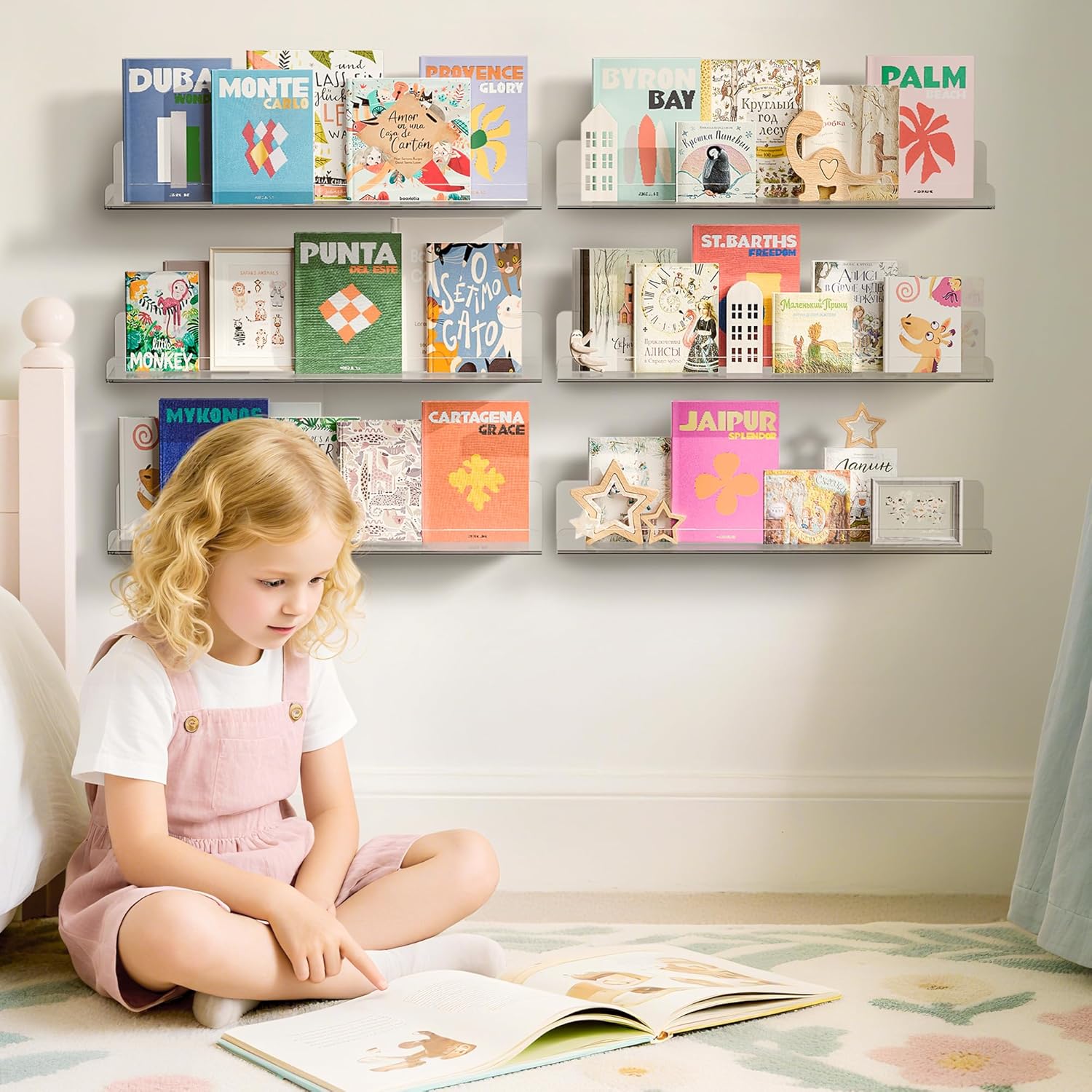upsimples 6 Pack Acrylic Shelves for Wall Storage, 15 x 4“ Floating Bookshelves for Kids, Display Shelf Organizer for Bathroom, Bedroom, Living Room, Kitchen, Room Decor, Clear 6 15x4