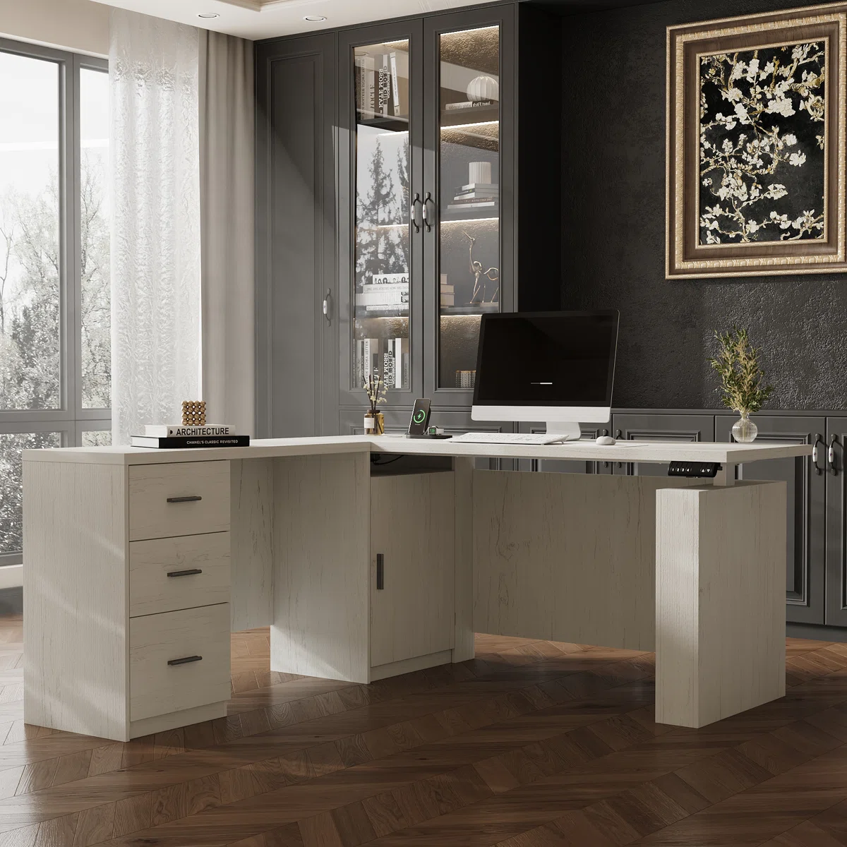 Electric Height Adjustable Standing Desk With Storage & Wireless Charging, MDF Sit-To-Stand Office Desk With Memory Control