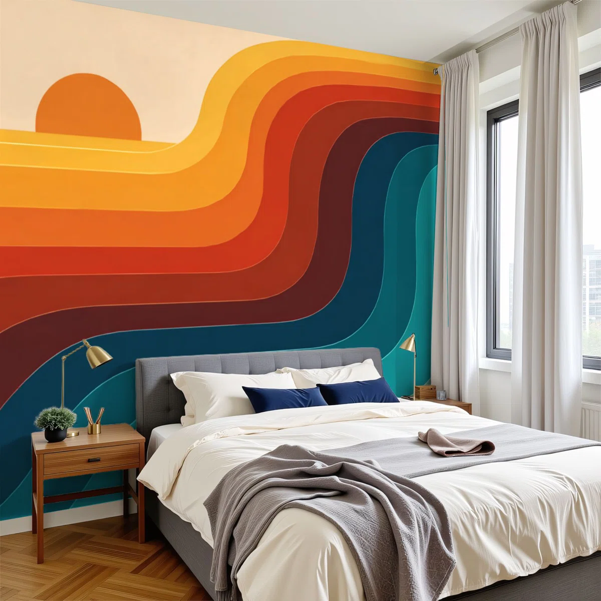 Peel and Stick Wallpaper 96" W x 69" H Modern Self Adhesive Wall Mural for Bedroom Retro 70s sunset abstract rainbow stripe wave groovy