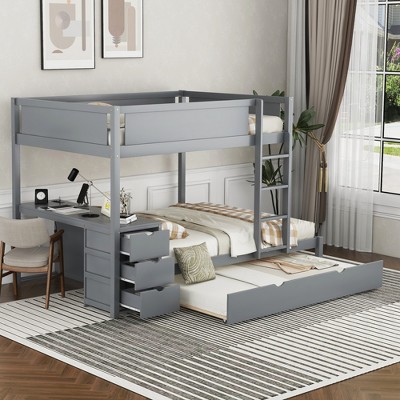 Full Over Full Rubber Wood Bunk Bed with Trundle, Ladder and Guardrail