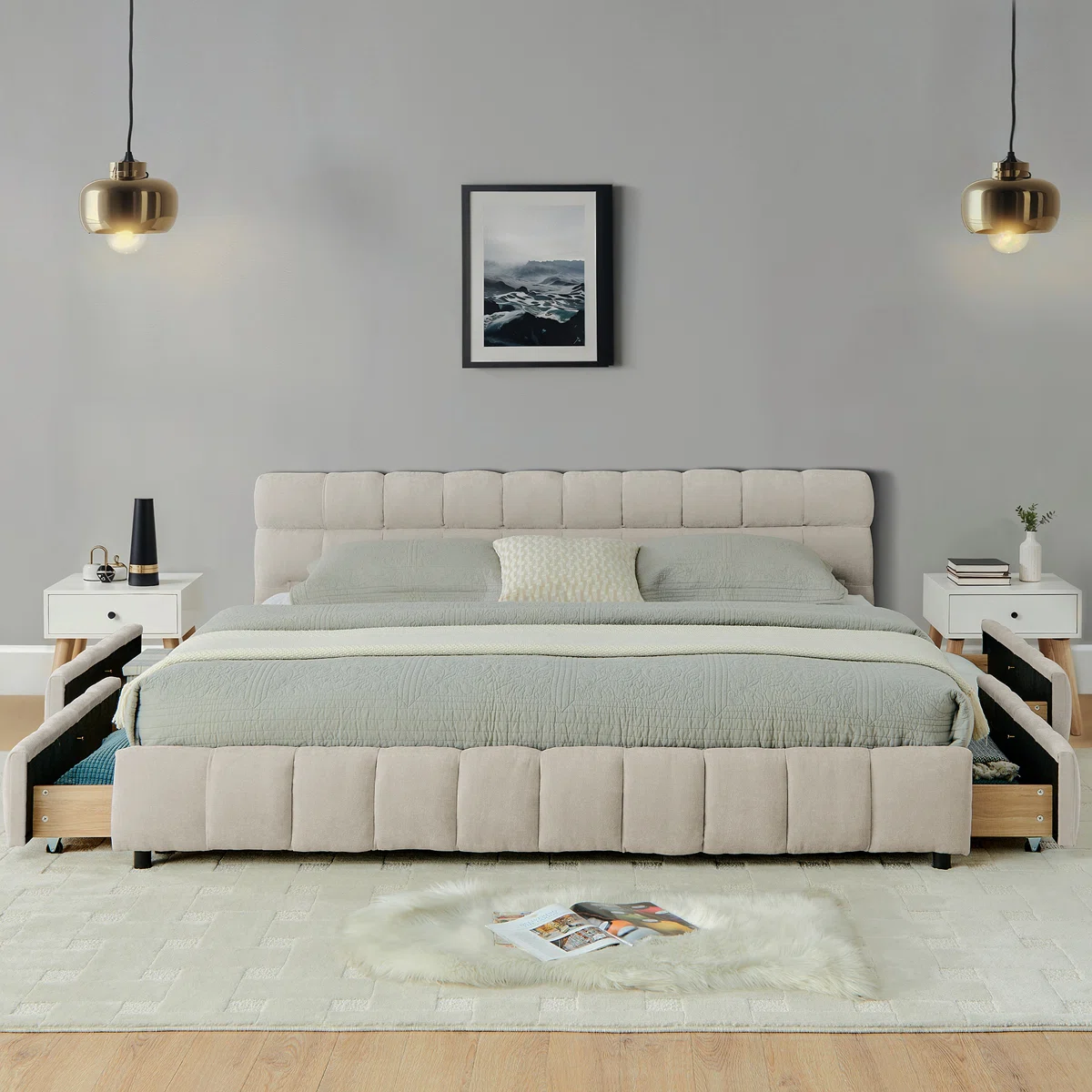 California King Size Upholstered Bed ,Comfortable Upholstered Bed Frame, Chenille Fabric, With Headboard And Solid Bed Frame. With Drawer For Storage.-Beige(90.5''*80.5''*31'')