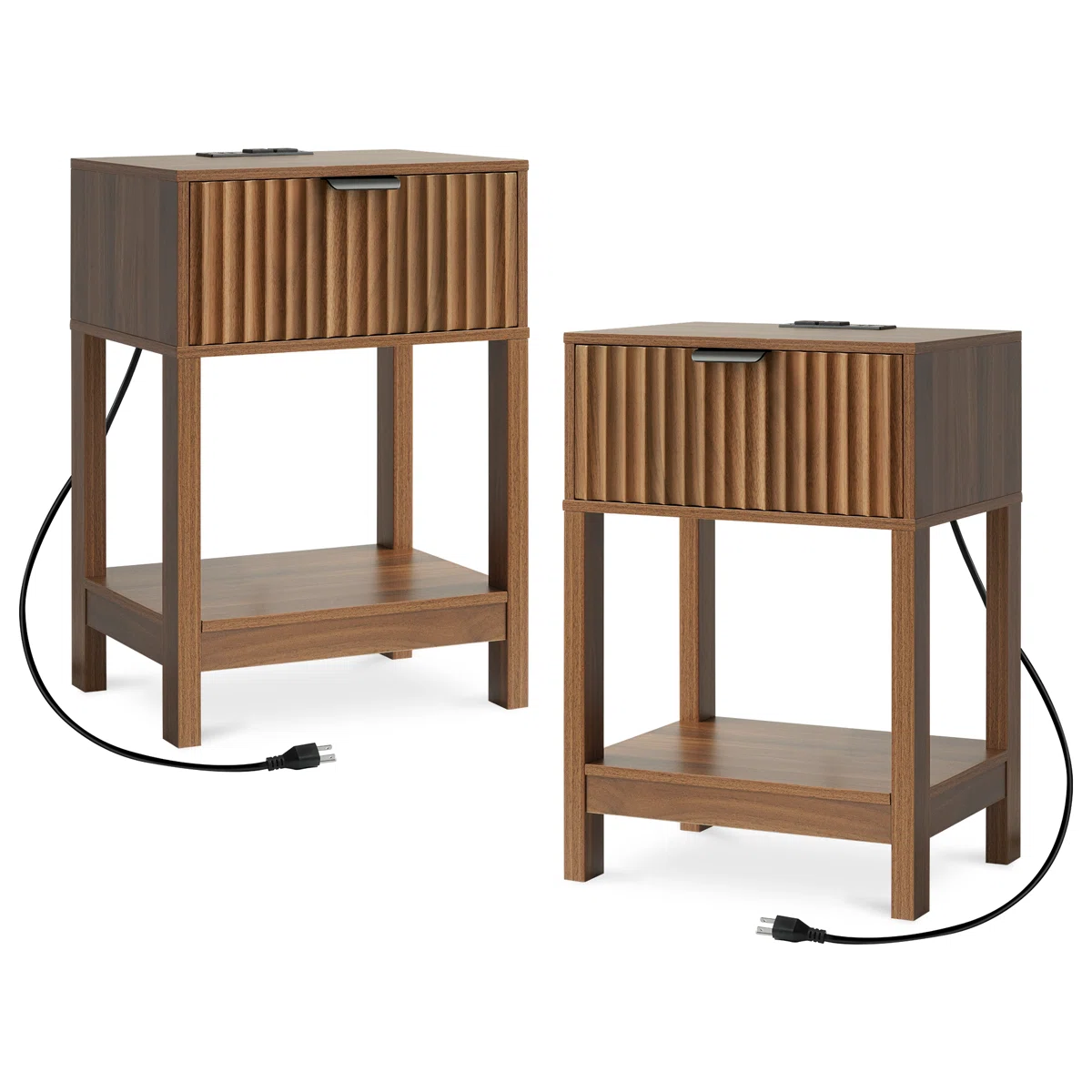 Night Stand Set of 2 with Charging Station, Bed Side Table Set with Drawer & Open Shelf for Bedroom