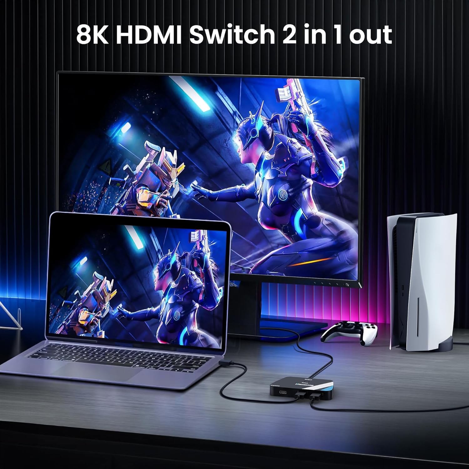 NEWCARE HDMI 2.1 Switch 2 in 1 Out with 2.6ft 8K Cable, HDMI Switcher 4K@120Hz, Bi-Directional HDMI Splitter Supports 8K@60Hz HDR10+ 3D Dolby VRR HDCP2.3 for TV PS5 Xbox Laptop Projector 8K 60Hz 2x1 without remote