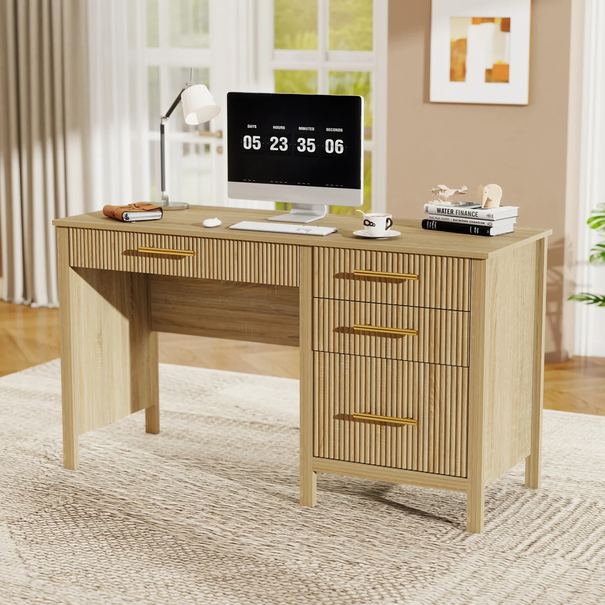 Large Wooden Desk With 3 Drawers Modern: 54" Oak Executive Office Desk With File Drawer, Wood Computer Desks With Storage, Fluted Computer Writing Desks