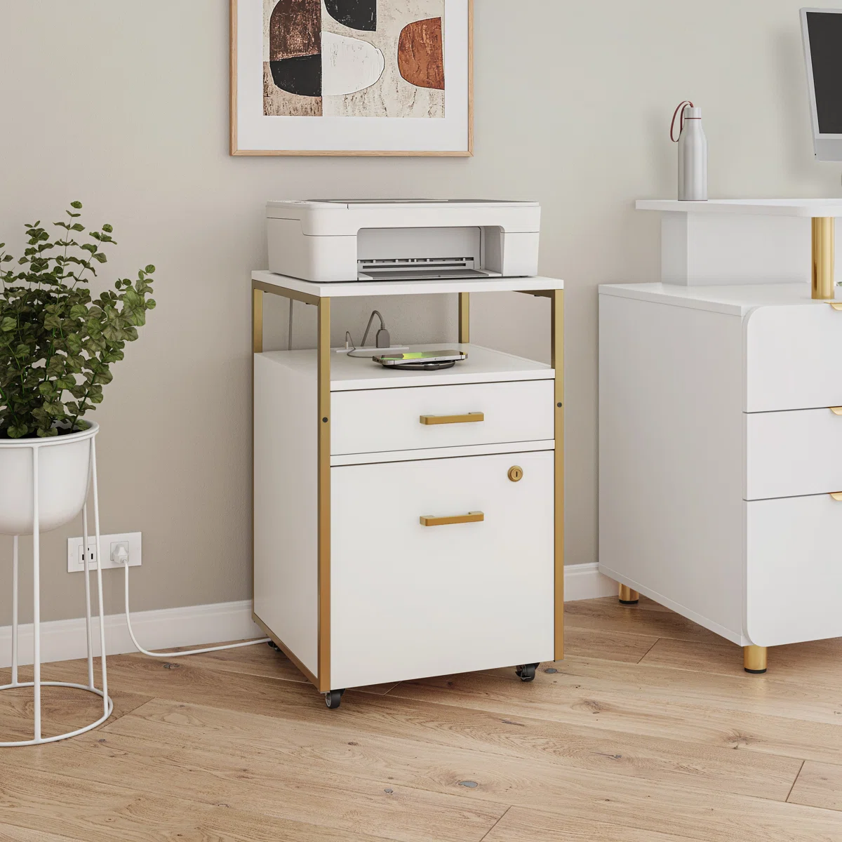 Modern Rolling 2-Drawer File Cabinet with Locking File Drawer, 2 USB Charging Ports & Power Outlet, and Locking Wheels