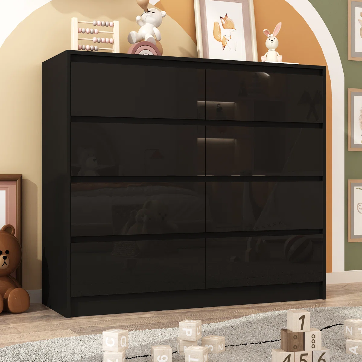 8 Drawer Modern High Gloss Dresser, Handle-Free Bedroom Chest Of Drawers With Wood Storage Cabinet, Large Closet Organizer For Living Room, Hallway & Entryway
