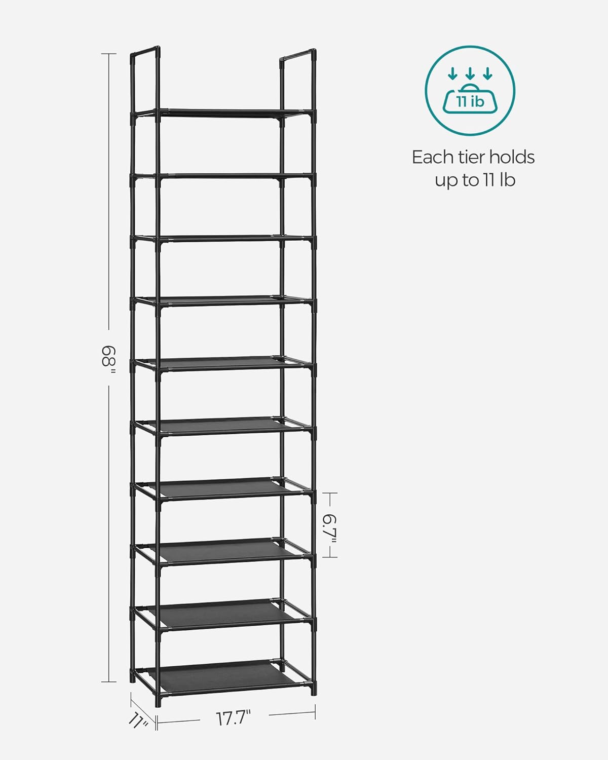 SONGMICS Shoe Rack, 10-Tier Shoe Shelf, Shoe Storage Organizer, 11 x 17.7 x 68 Inches, Metal Frame, Non-Woven Fabric Shelves, for Entryway, Bedroom, Black ULSH010B02 11D x 17.7W Black