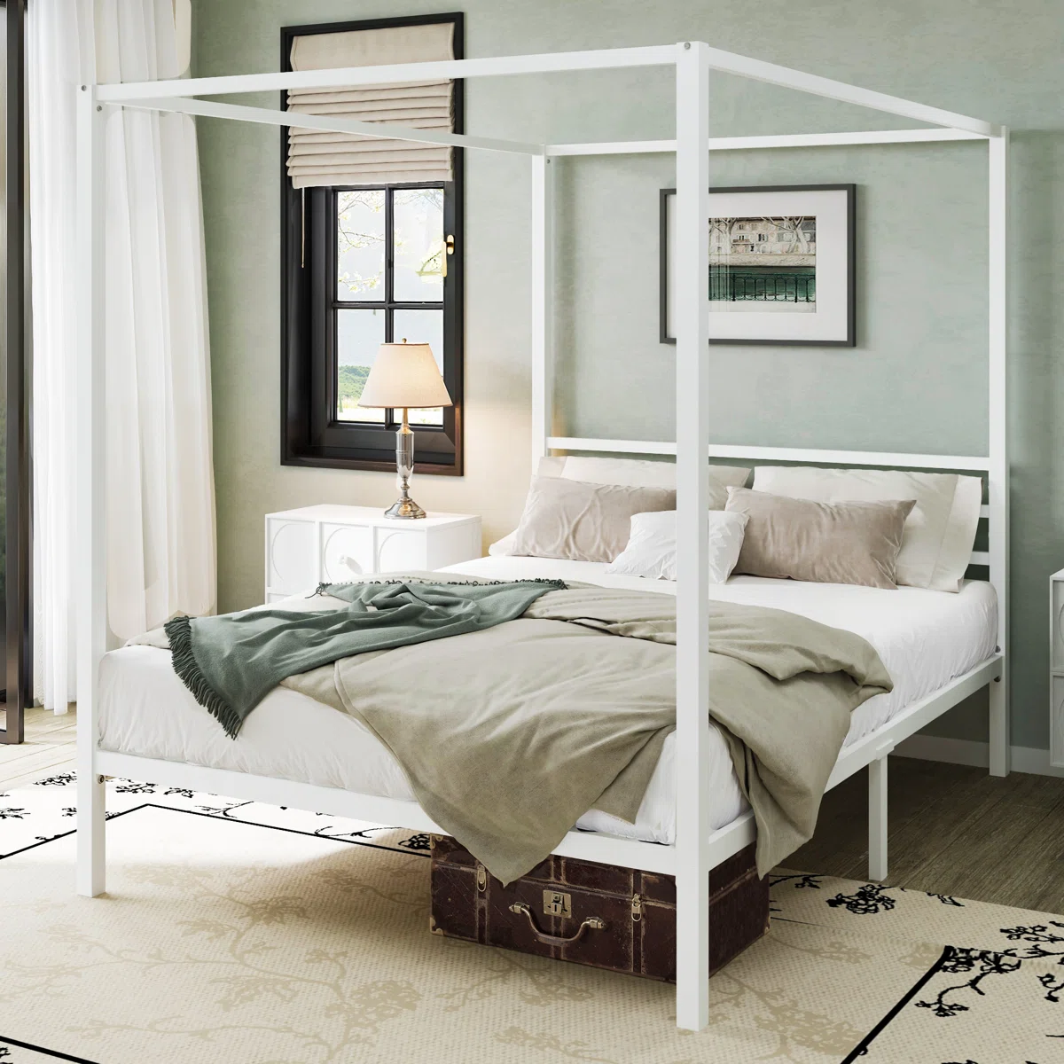 Queen Tabiauea Metal Canopy Platform Bed Frame with Metal Slats, No Box Spring Needed
