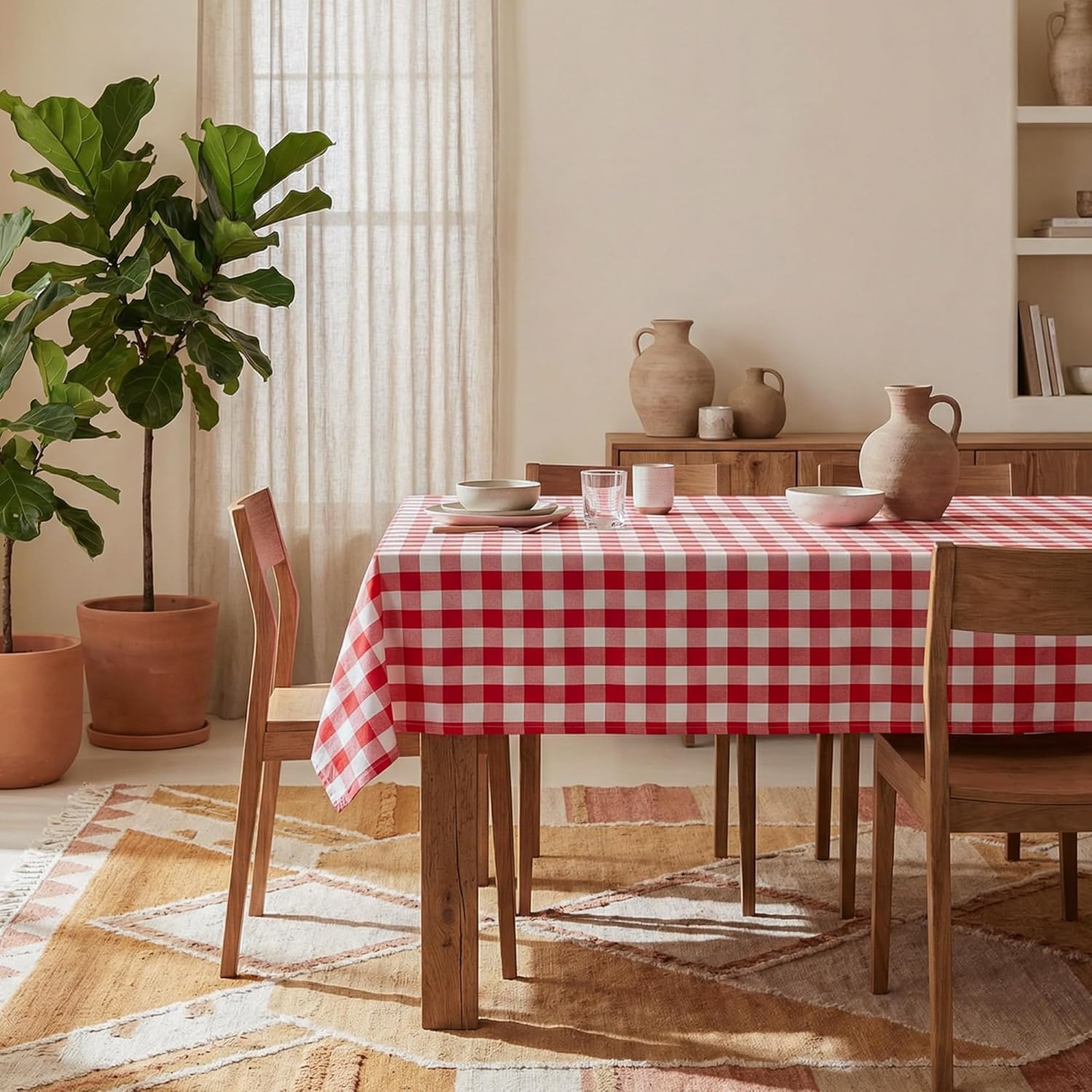 Red and White Gingham Tablecloth, Waterproof Outdoor Picnic Table Cover for Summer BBQ, Farmhouse Kitchen, Patio Dining, Reusable Machine Washable Checkered Table Cloth, W60 x L144 in Red and White 144 x 60 (Rectangular)