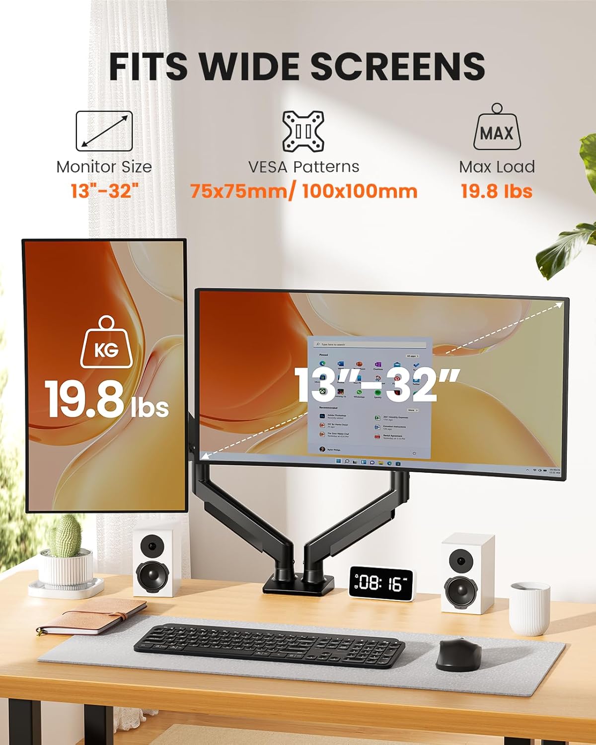 ErGear Dual Monitor Arm, Full Adjustable Monitor Mount for 13–32″ Screens, Fast Install Computer Monitor Stand with Tool-Free VESA Mount, Max Load 19.8 lbs, Max VESA 100x100mm Dual Arms 13-32