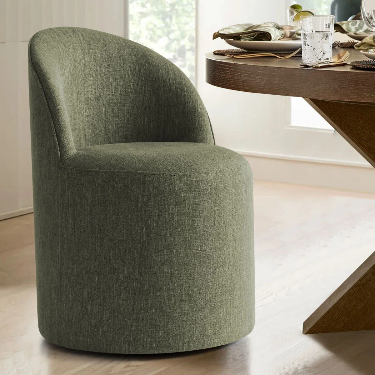 Linen Upholstered Swivel Dining Chair With Hidden Casters (Set of 2)