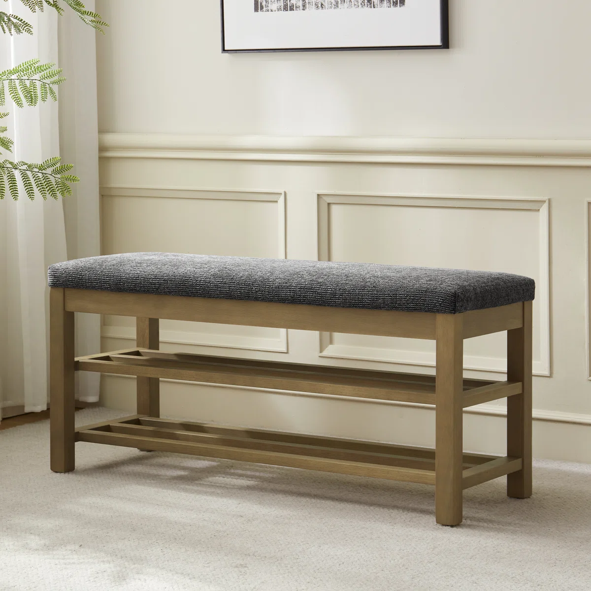 Upholstered Storage Bench with Double-Tier Shoe Rack