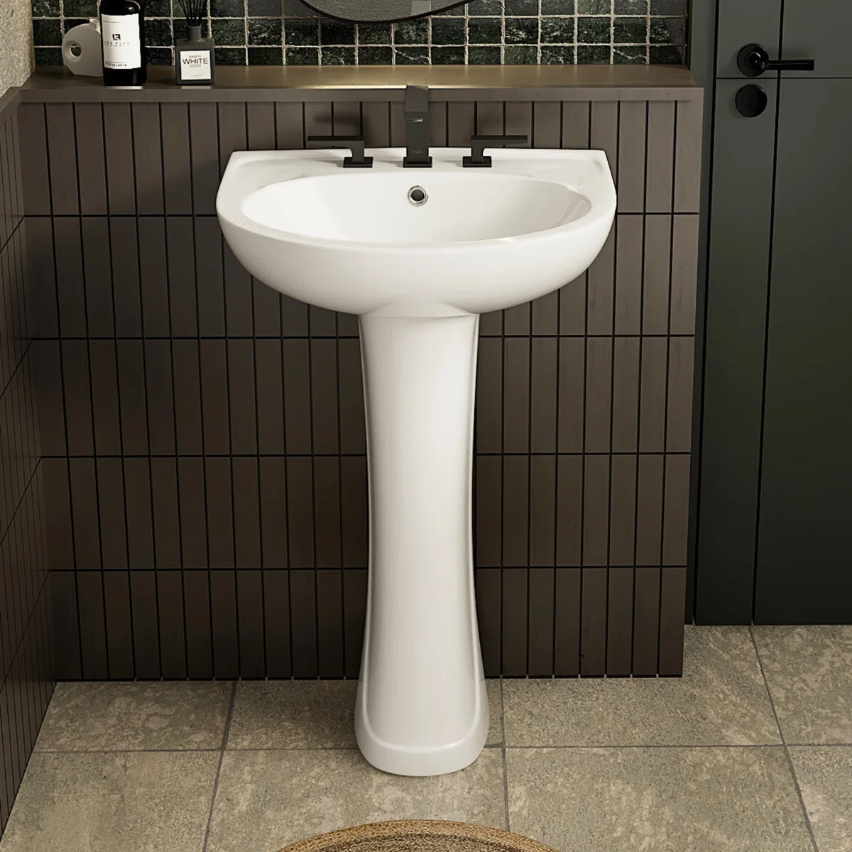 Los Flexi 21" x 19" Rectangular Ceramic Pedestal Bathroom Sink with Overflow and 3-Hole 4" Centerset Faucet Setup, Floor-Mounted Base Included