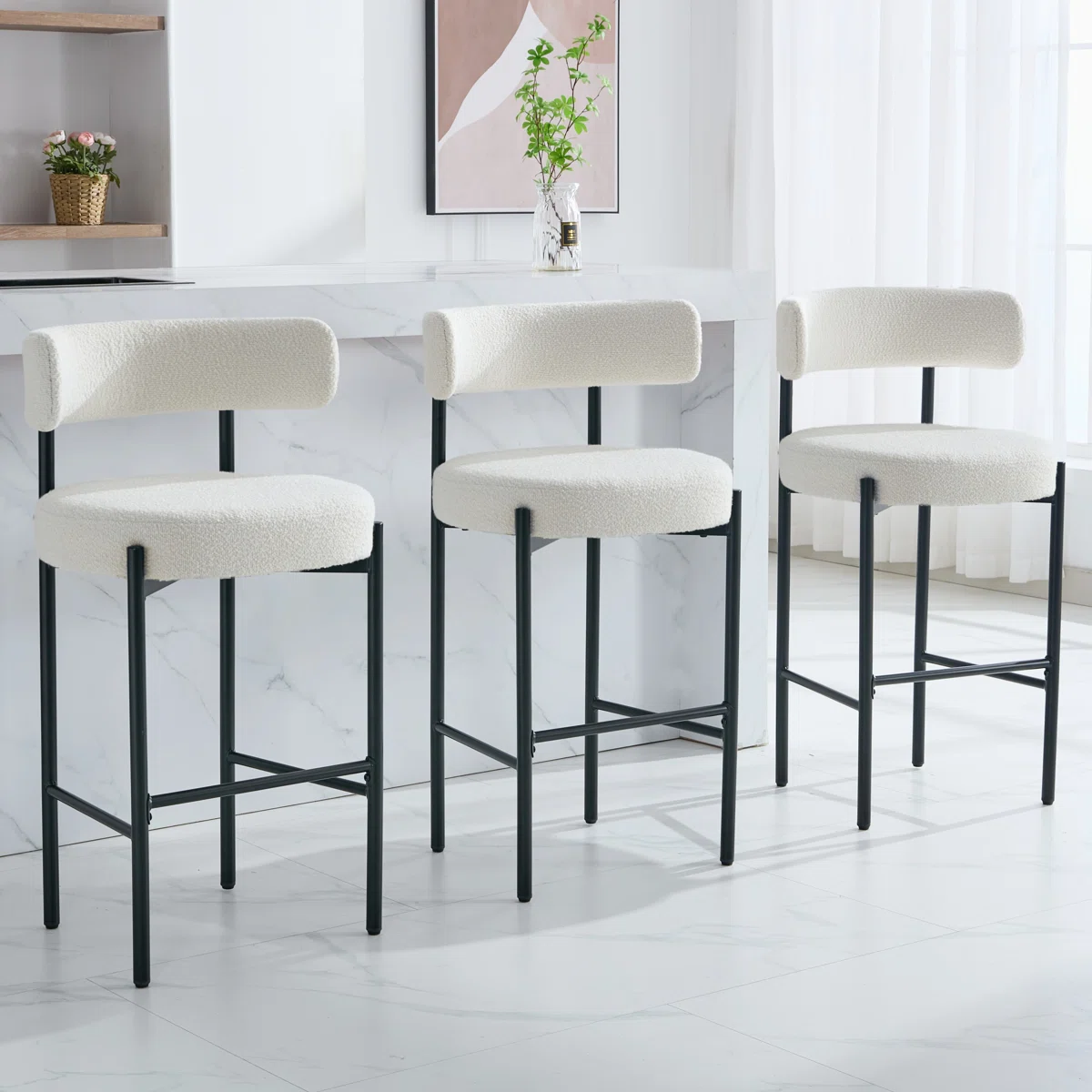 30" Bouclรฉ Upholstered Bar Stool with Curved Low Back and Metal Frame