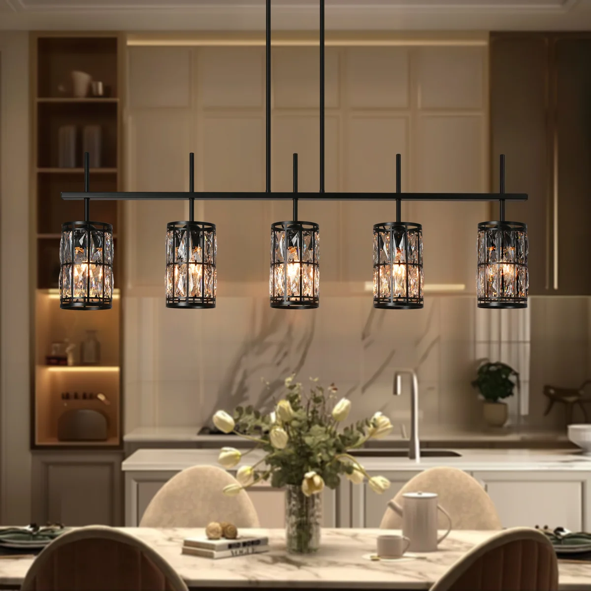 Baconton 45.3" W 5-Light Dimmable Linear Pendant with Crystal Accents