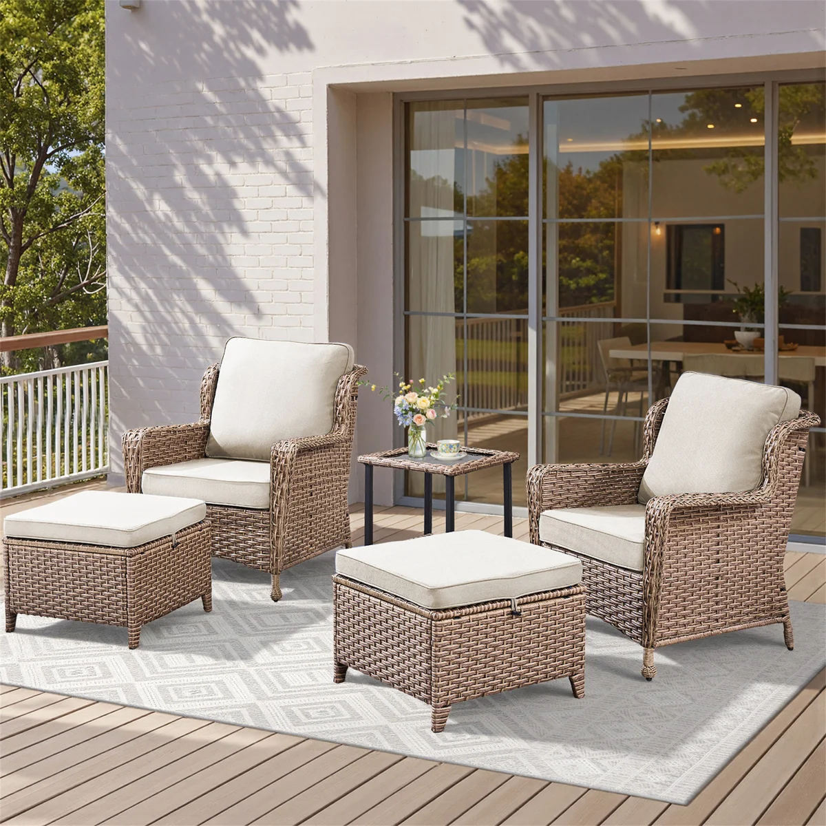 5 Pieces Outdoor Patio Furniture Set, Rattan Wicker Lounge Chairs Sets With Ottomans