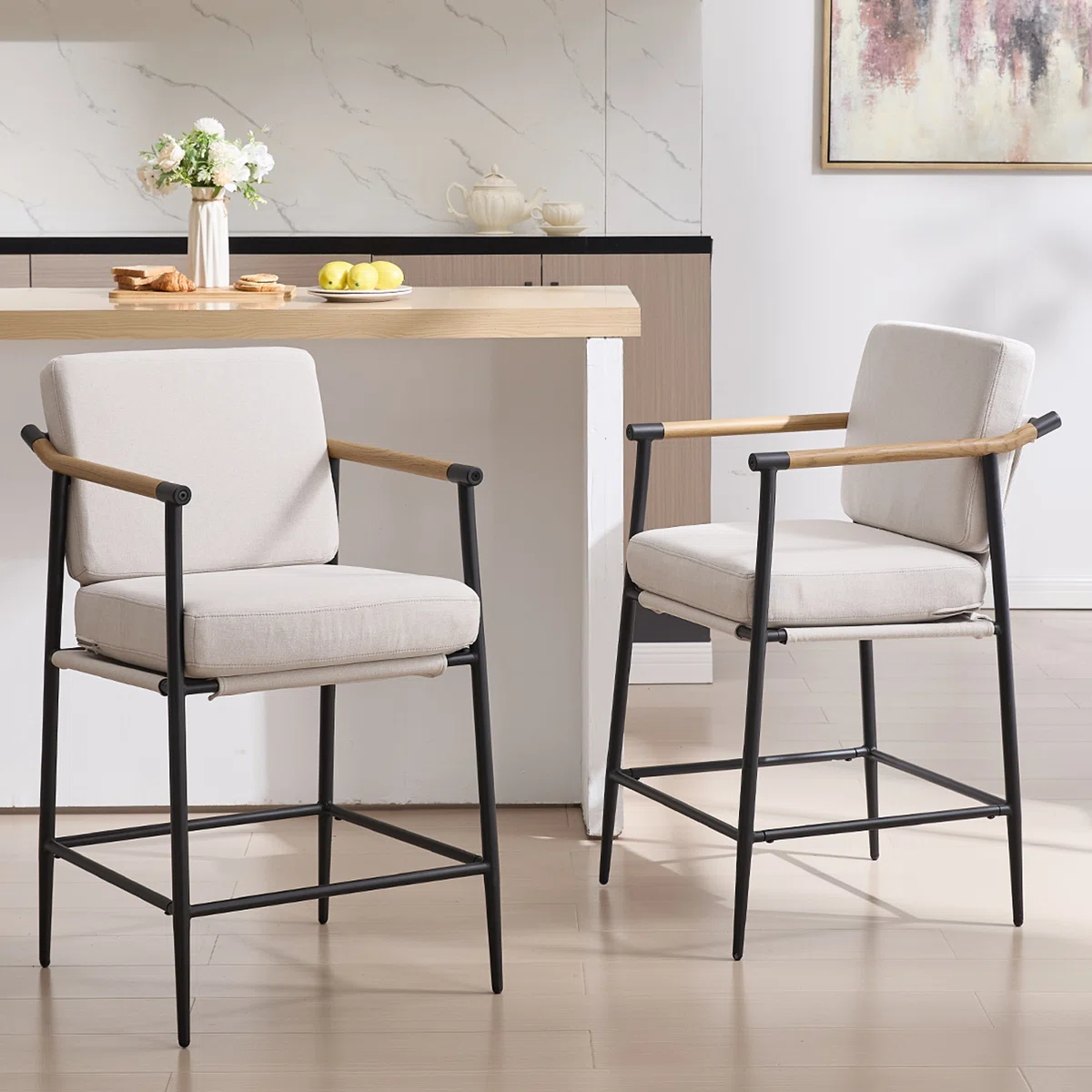Industrial Modern Bar Stool With Backrest & Removable Cushion - 26" Counter Height Adjustable Stool - Faux Wood Armrests & Soft Linen/Velvet Upholstery - Kitchen Island, Home Pub Stool