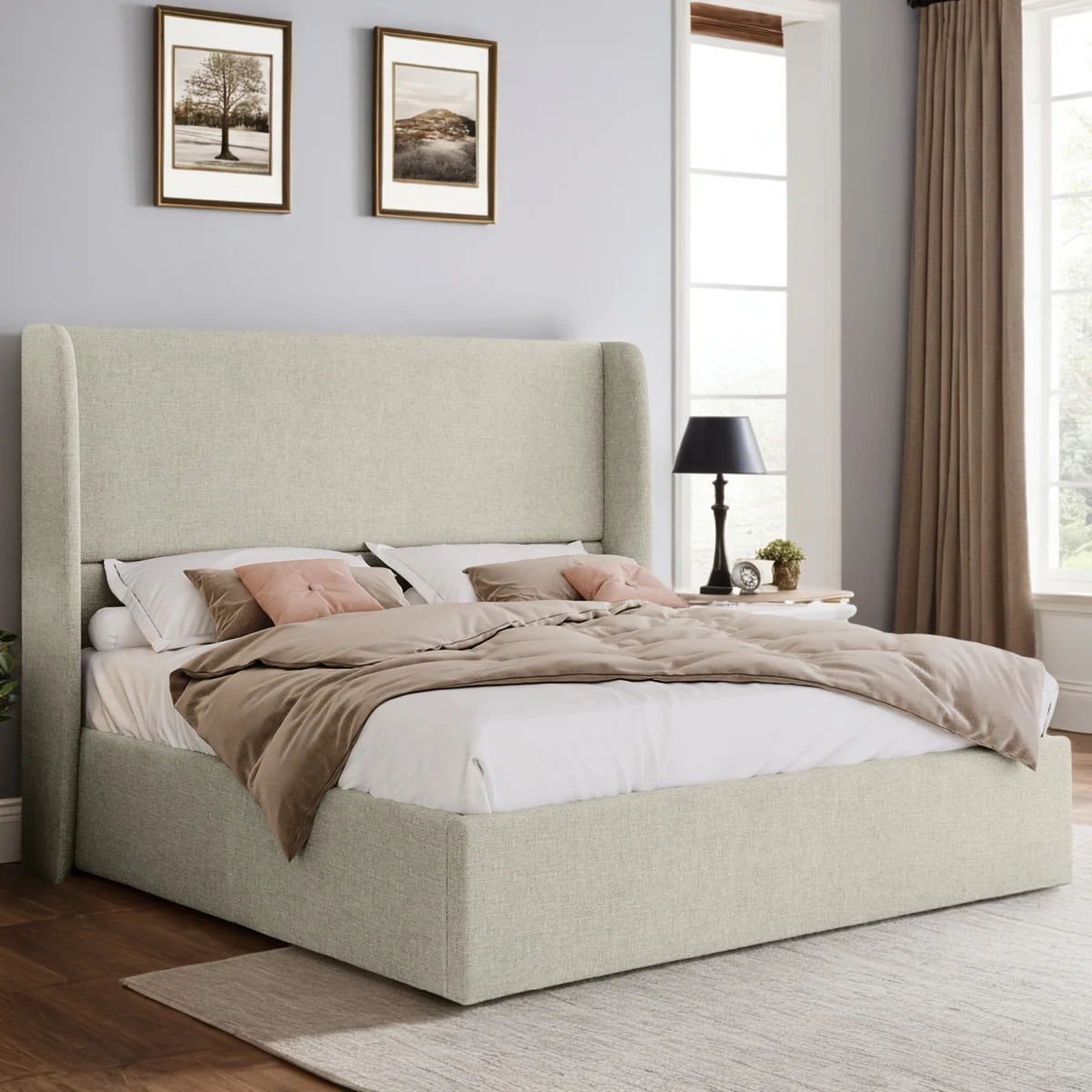 Belo Upholstered Lift-Up Storage Bed with Wingback Headboard