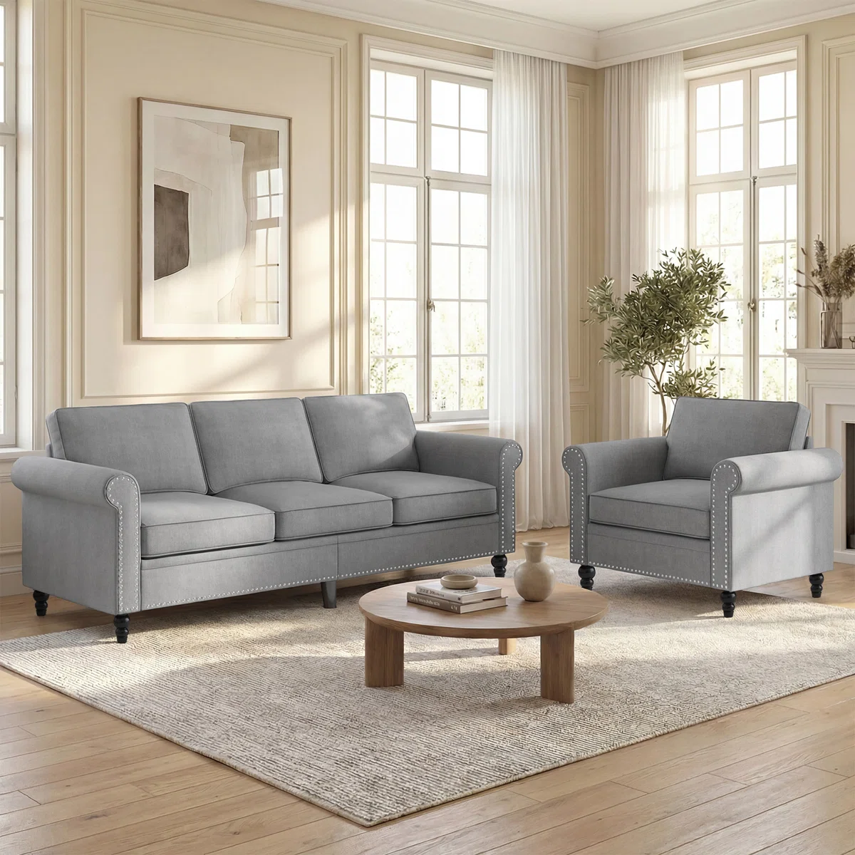 2-Piece Linen Modern Sofa Set, 3-Seater & Armchair with Nailhead Trim