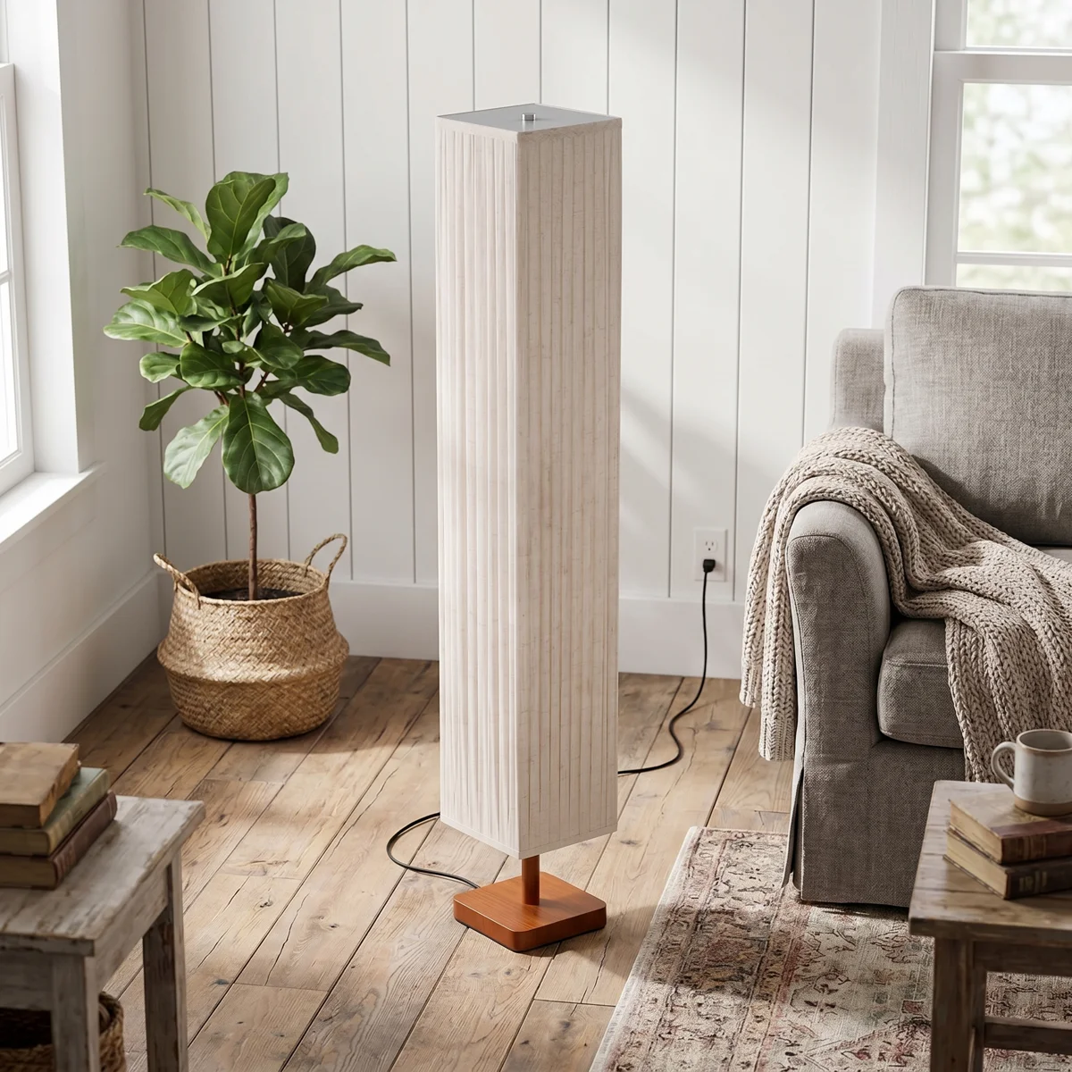 Minimalist Floor Lamp with Pleated Fabric Lampshade & Solid Wood Base
