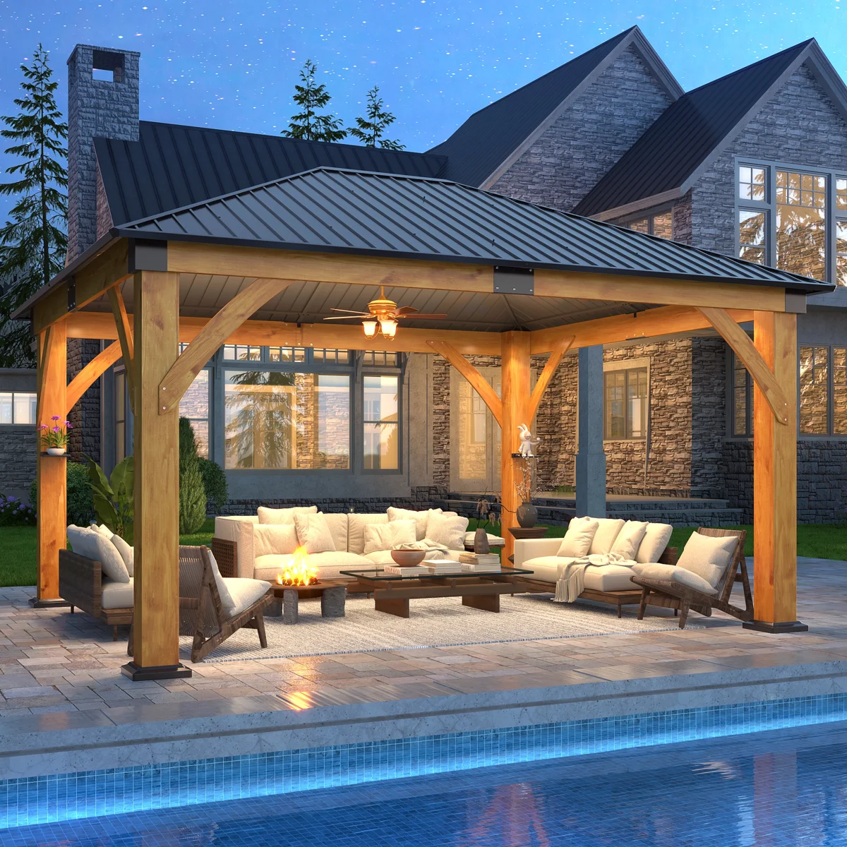 (Box 1/4 only)Outdoor Spruce Wood Gazebo with Galvanized Steel Hardtop