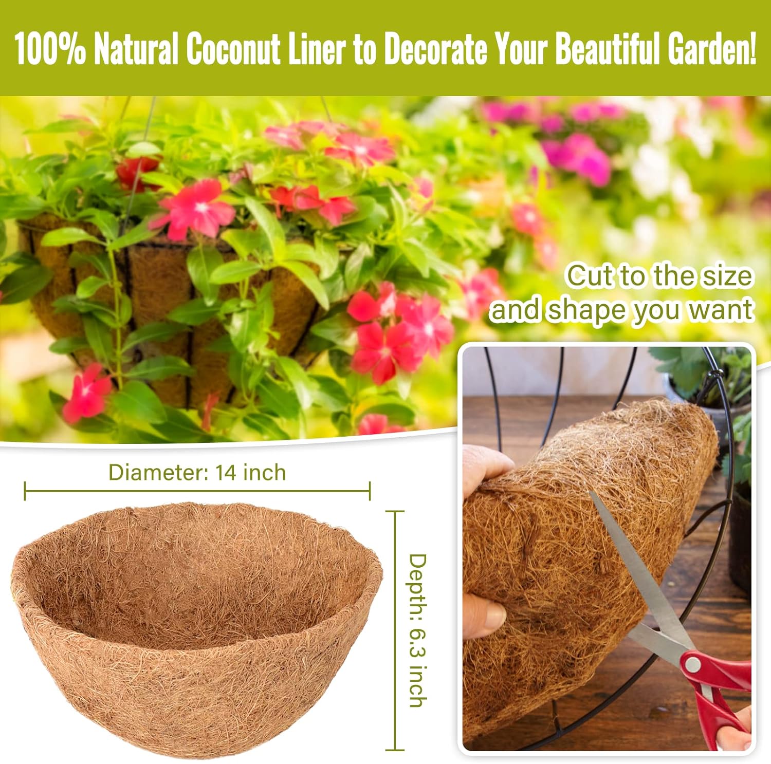 Legigo 6 Pack 14 Inch Hanging Basket Coco Liners Replacement, 100% Natural Round Coconut Coco Fiber Planter Basket Liners for Hanging Basket Flowers/Vegetables 14 Inch 6pcs