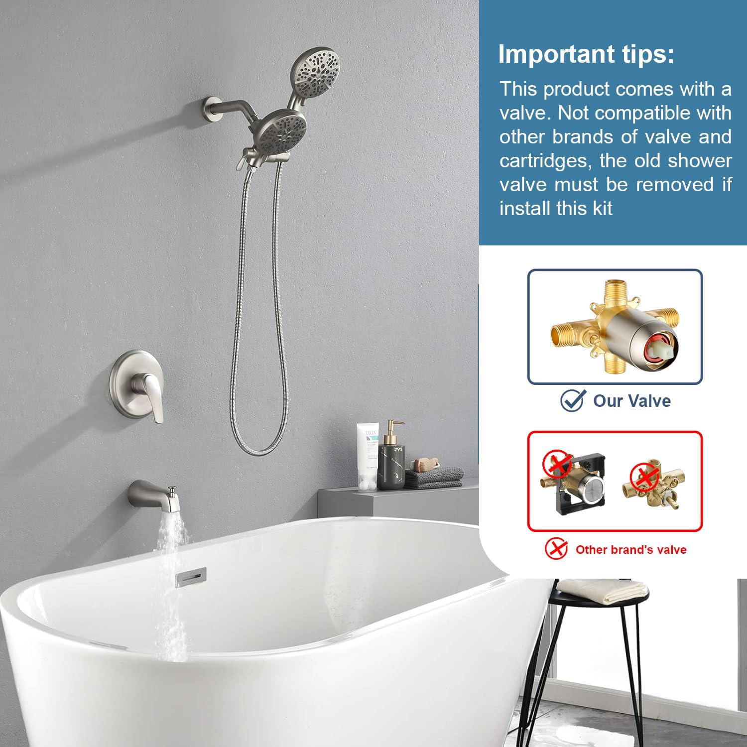 Shower Tub Kit Dual Shower System with Tub Spout Tub and Shower Faucet Set Complete Dual Shower Head and Handheld Combo Set Tub and Shower Trim Kit Brushed Nickel With tub spout Brushed Nickel
