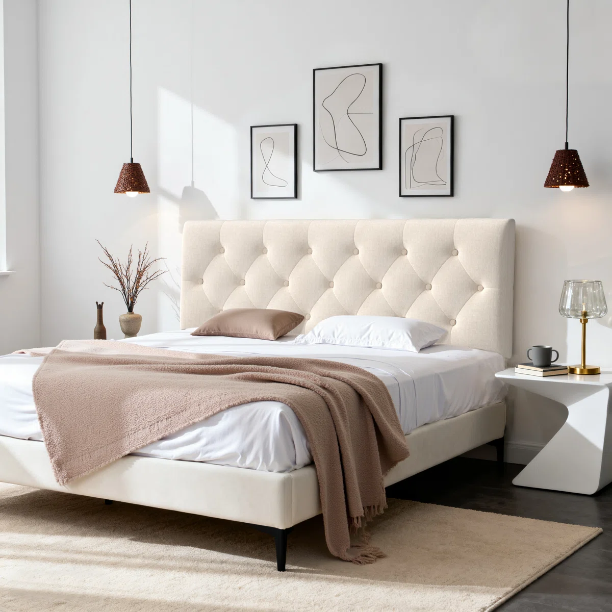 Tufted Upholstered Headboard Queen Size, Solid Wood Head Board with Durable Metal Legs, Linen Fabric Padded Headboard, Adjustable Height from 37” to 51”, Modern Button Design Head Board