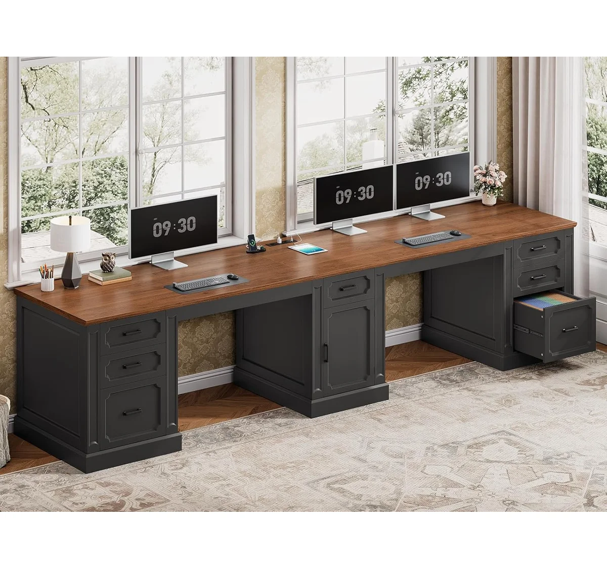 Farmhouse 110.3" Two Person Desk With 7 Drawers