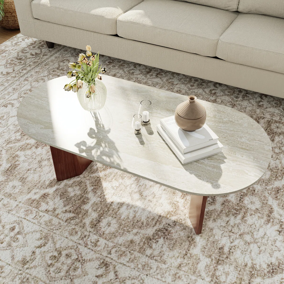 Oval Travertine Coffee Table, Eco-Friendly Natural Stone Top With Solid Wood Legs - Spill-Resistant Multipurpose Table For Small Living Rooms, Kid/Pet Friendly