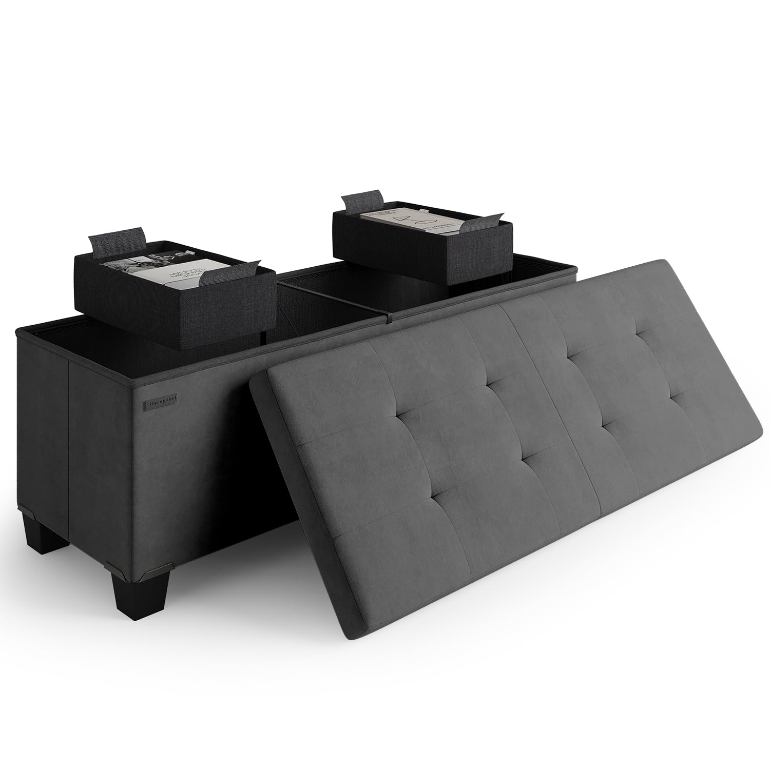 (damaged)Storage Ottoman Bench with Bins, 43-in Storage Bench for Bedroom End of Bed, Folding Foot Rest Ottoman for Living Room Max 660lbs, Velvet Ottomans, Grey