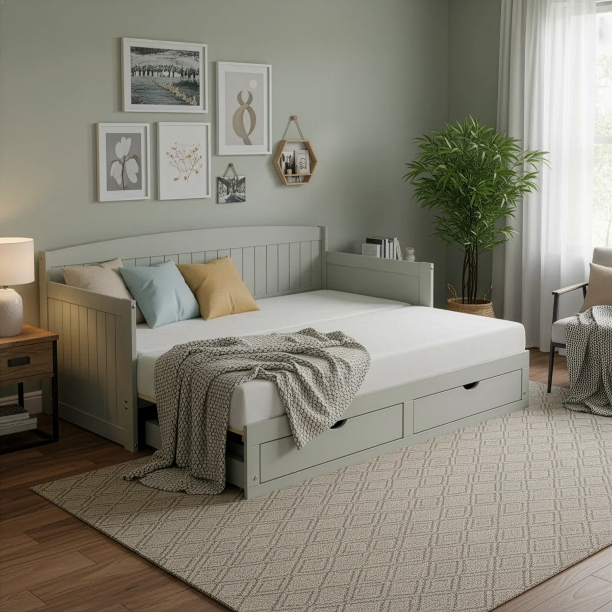 Furniture Harmony Twin To King Daybed With Pop Up Trundle Bed - Solid Wood Twin Day Bed With 2 Pull-out Storage Drawers And 400lb Capacity - For Kids, Guest Room, Living Room (white)