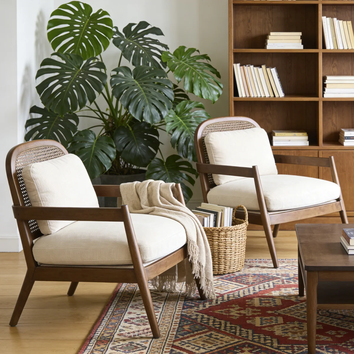 2pcs Mid-Century Modern Accent Chair with Solid Wood Frame Rattan Backrest Plush Cushion Comfy Armchair for Living Room Bedroom Reading Nook Natural Wood