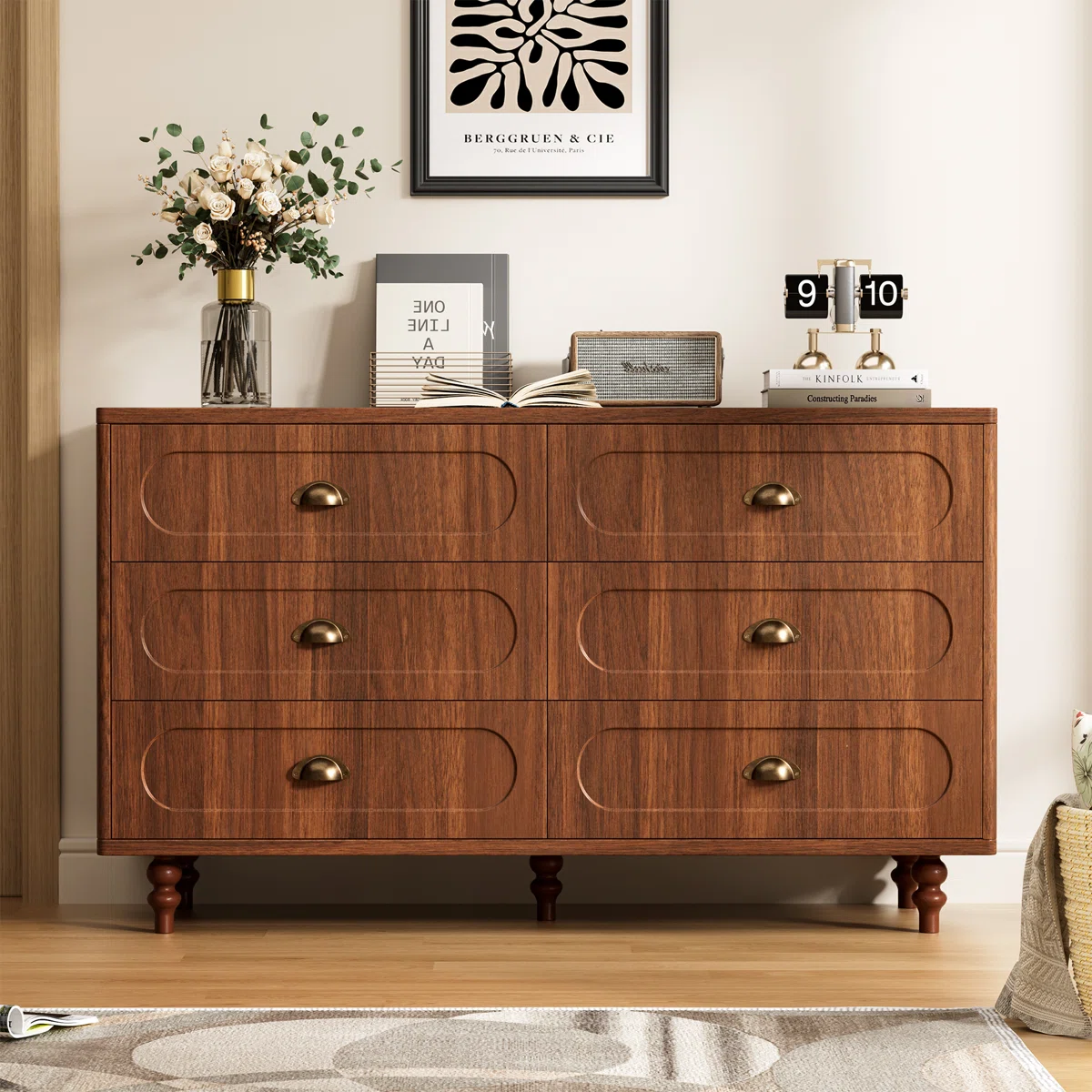 Mid Century Modern Drawer Dresser, 6 Drawer Fluted Dresser With Solid Wood Legs, Gold Handles & Curved Edges Design For Entryways, Living Room, Bedroom, Walnut