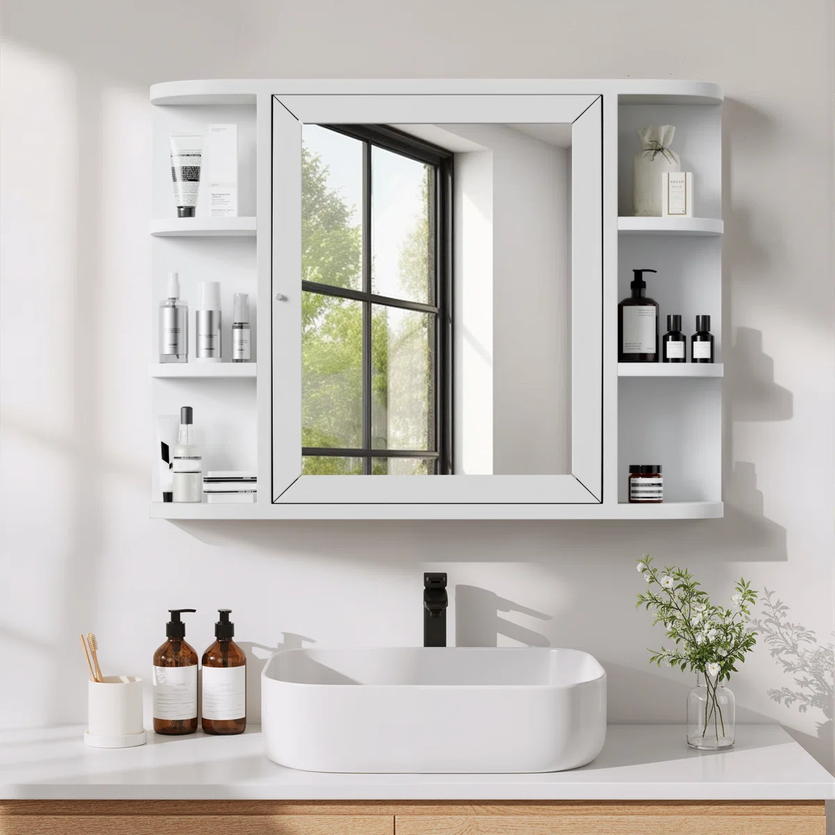 Rectangular Wooden Wall Mount Bathroom Storage with Mirror