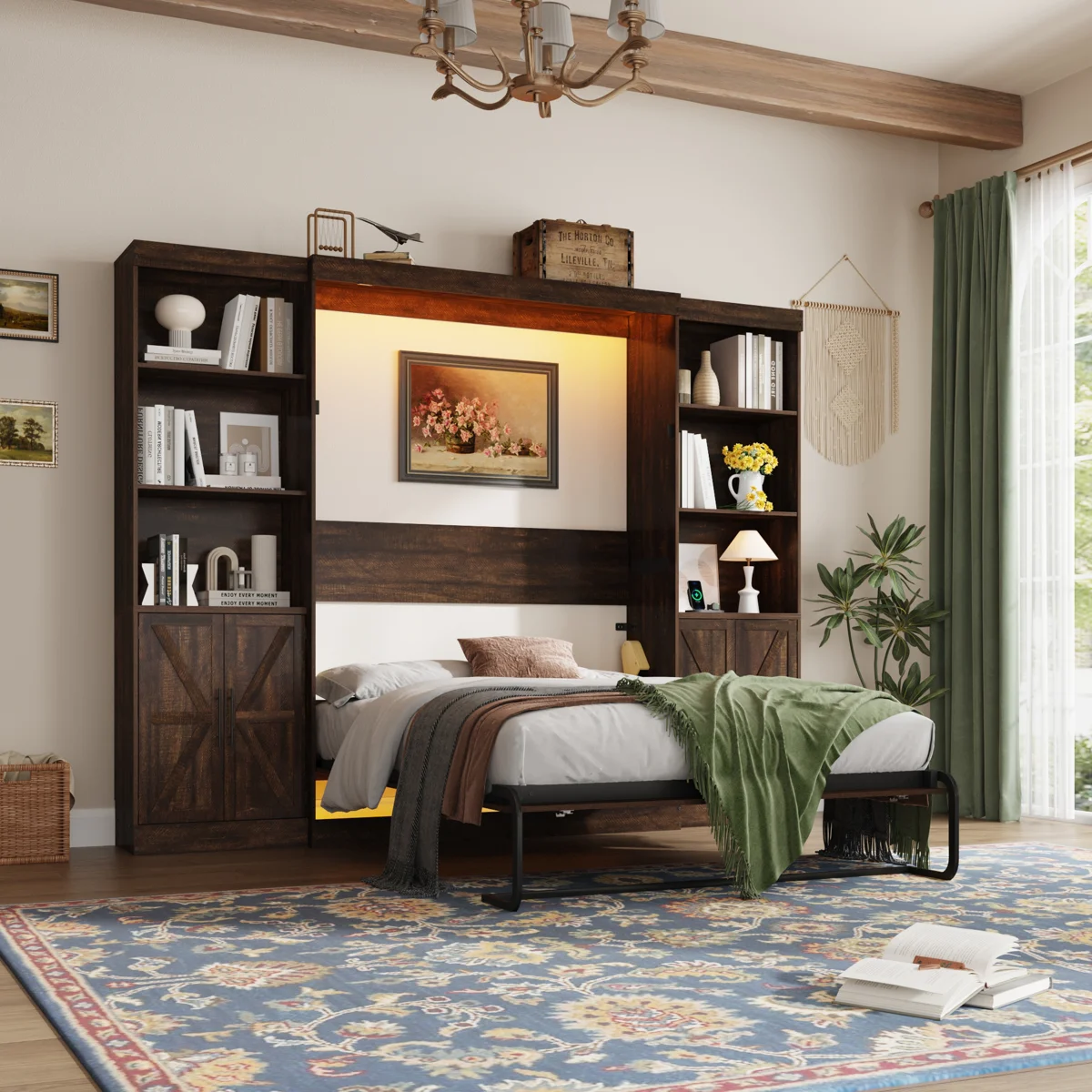 (Box 1 of 4 )Murphy Bed With 2 Side Storage Cabinets, LED Lights, And Charging Station, No Box Spring Needed, For Home Office