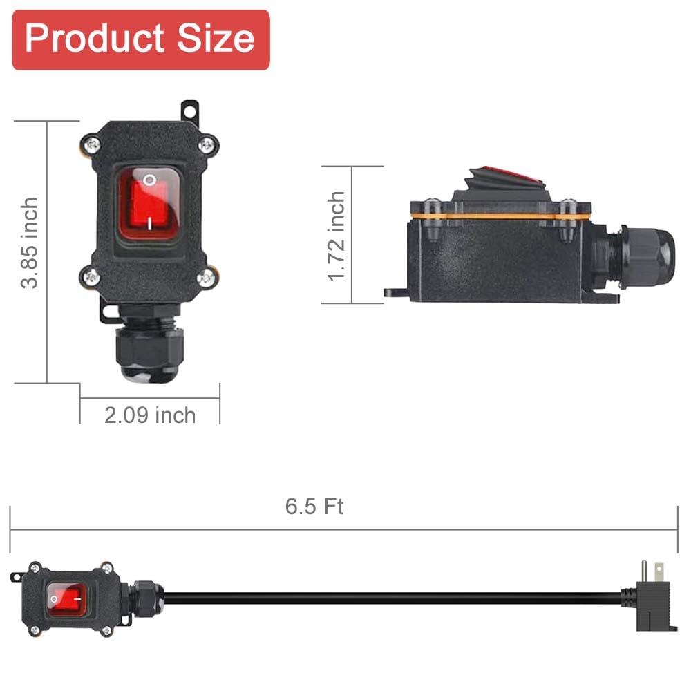 Extension Cord with 14AWG Cable Piggyback Plug(3-Pronged) On/Off Switch, IP67 Waterproof Inline Cord Switch Heavy Duty, AC/DC 20A-125V Inline Power (6.5FT)