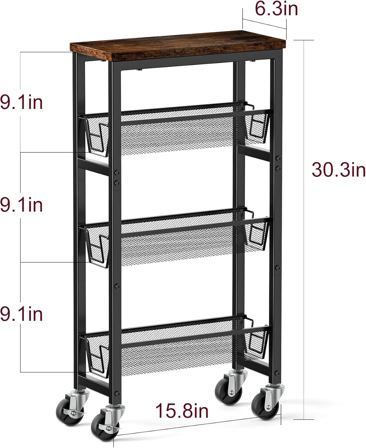 Honest Slim Storage Cart 4-Tier Slim Rolling Cart with Metal Frame and Wooden Top, 6.3 Inches, Storage Cart for Kitchen, Dining Room, Living Room, Bathroom, Home Office, Rustic Brown and Black 4 Tiers (6.3D x 30.3H)