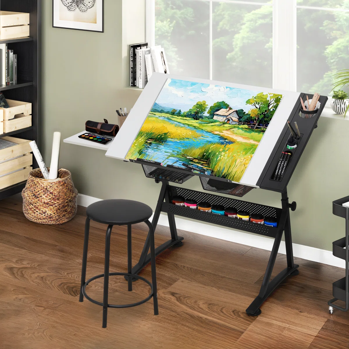 Adjustable Drafting Table, Drawing Desk Art Craft Work Station with Tilting Tabletop, 2 Storage Drawers and Stool