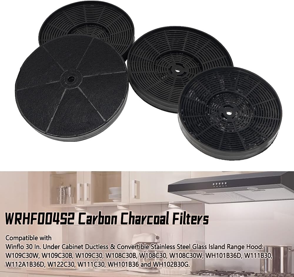 WRHF004S2 Range Charcoal Filter Fit for Winflo 30 In. Convertible Under Cabinet Ductless Stainless Steel Glass Island Range Hood Carbon Filters, Pack of 4