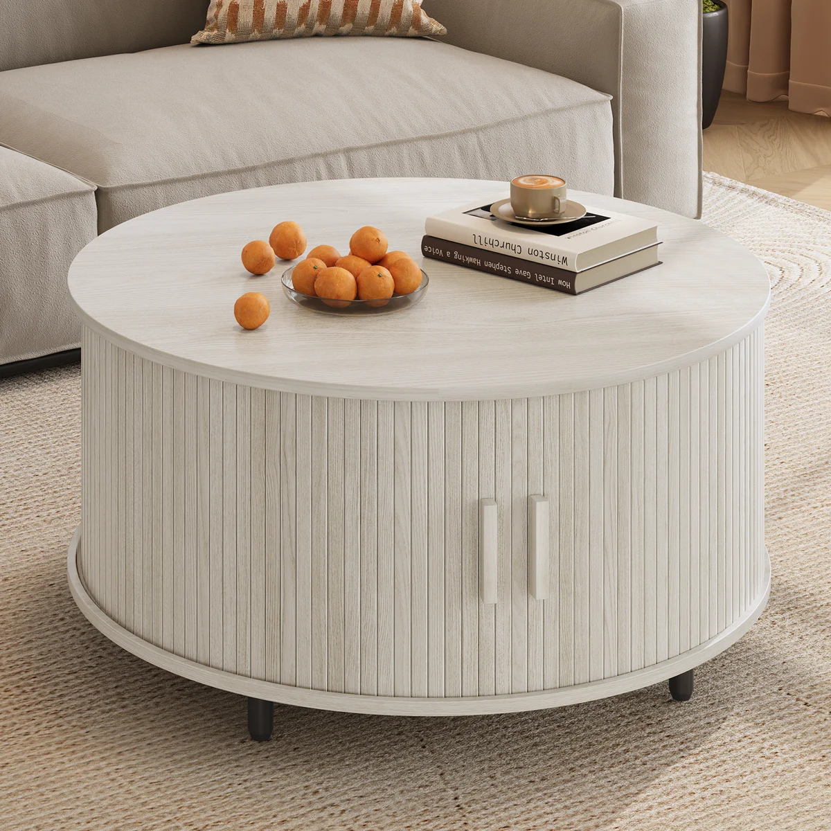 31.5" Modern Round Coffee Table With 360ยฐ Curved Sliding Door