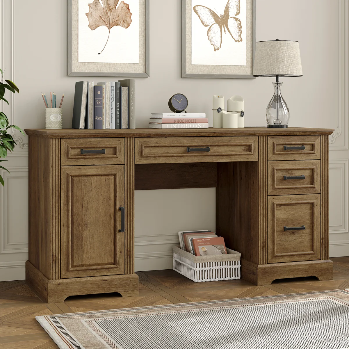 Buckhorn 58'' W Computer Desk with Outlet and 5 Drawers,Large Storage Cabinet for Home Office