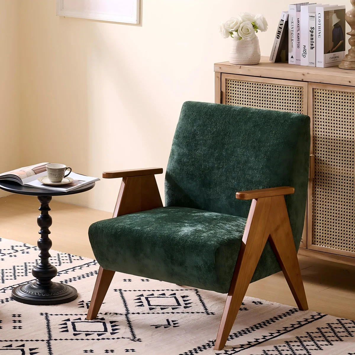 Mid-Century Modern Accent Chair With Sculptural Wood Arms