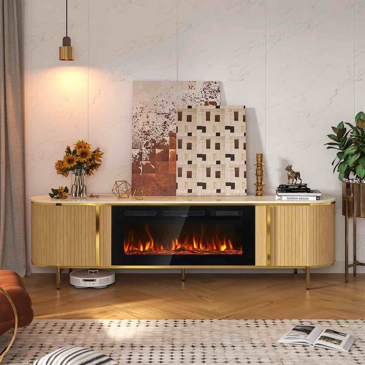(Incomplete)Luxury 70 Fluted Fireplace Tv Stand, Modern Entertainment Center For For Tvs Up To 80, Tv Console With Sliding Door And Faux Marble Top, Media Console For Living Room